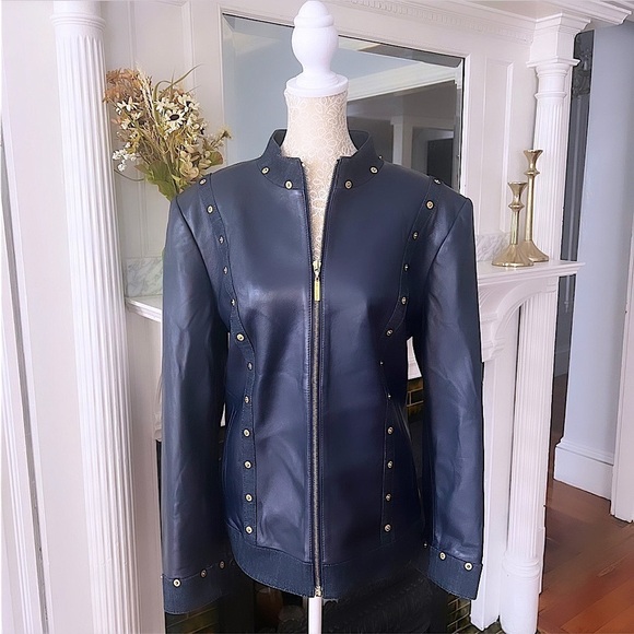 ST JOHN SPORT Navy Blue Lambs Leather & Denim Trim Zip Up Leather Jacket Size L - Picture 1 of 14